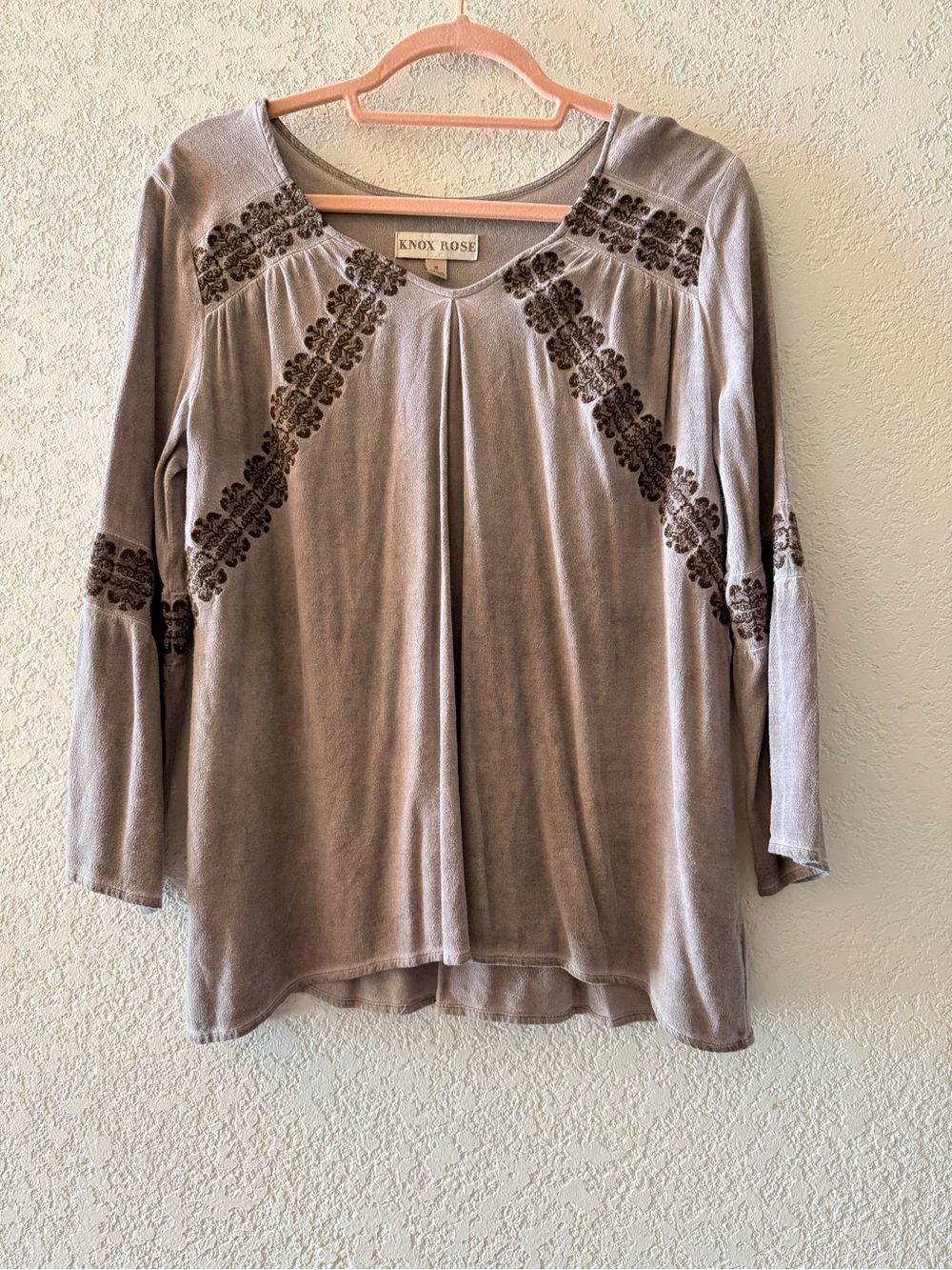 KNOX ROSE Boho Embroidered Western Gray Brown V-Neck 3/4 Bell Sleeves Women Sz S